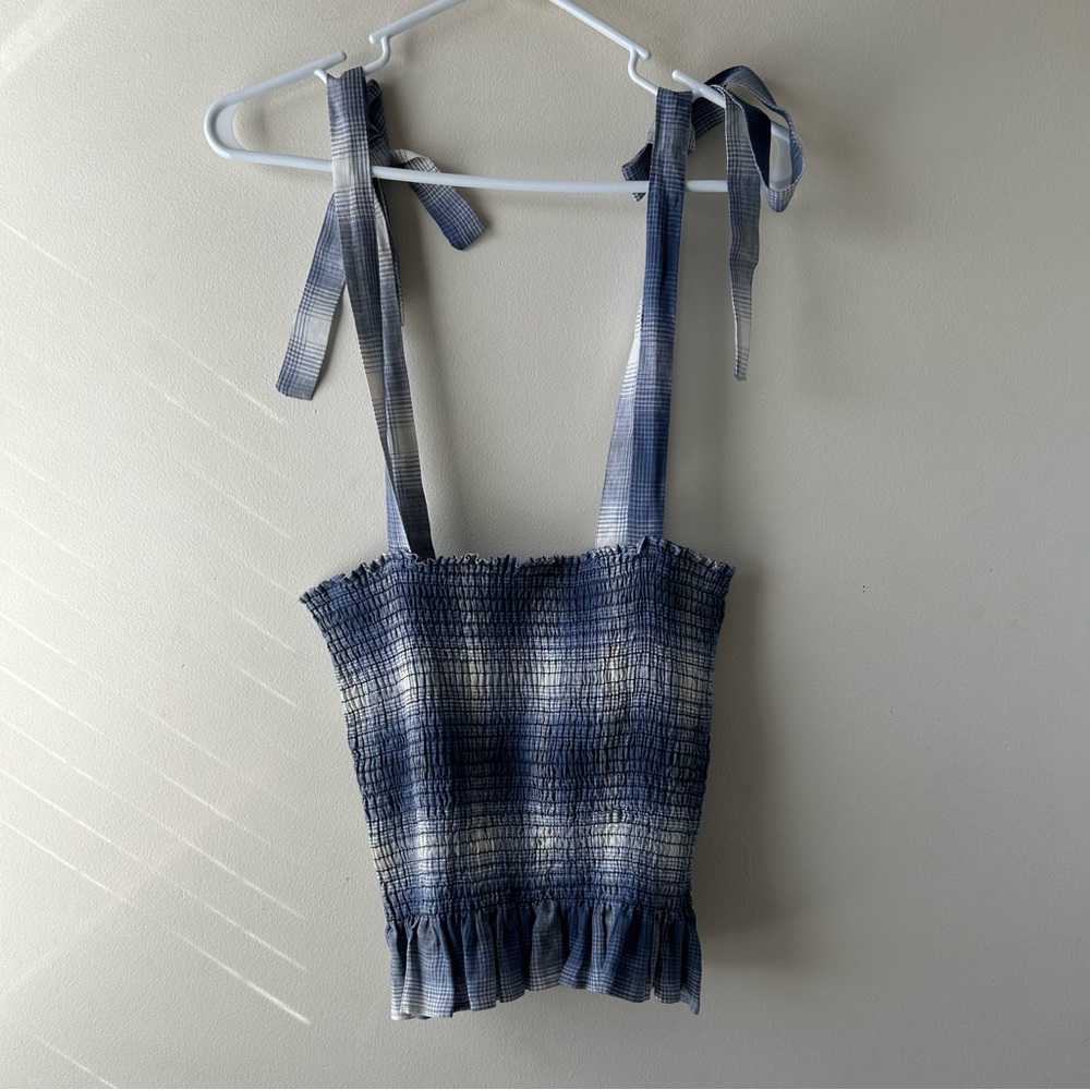 Reformation 100% Linen Valley Top Smocked Shoulder Tie Ghost Plaid Blue XL